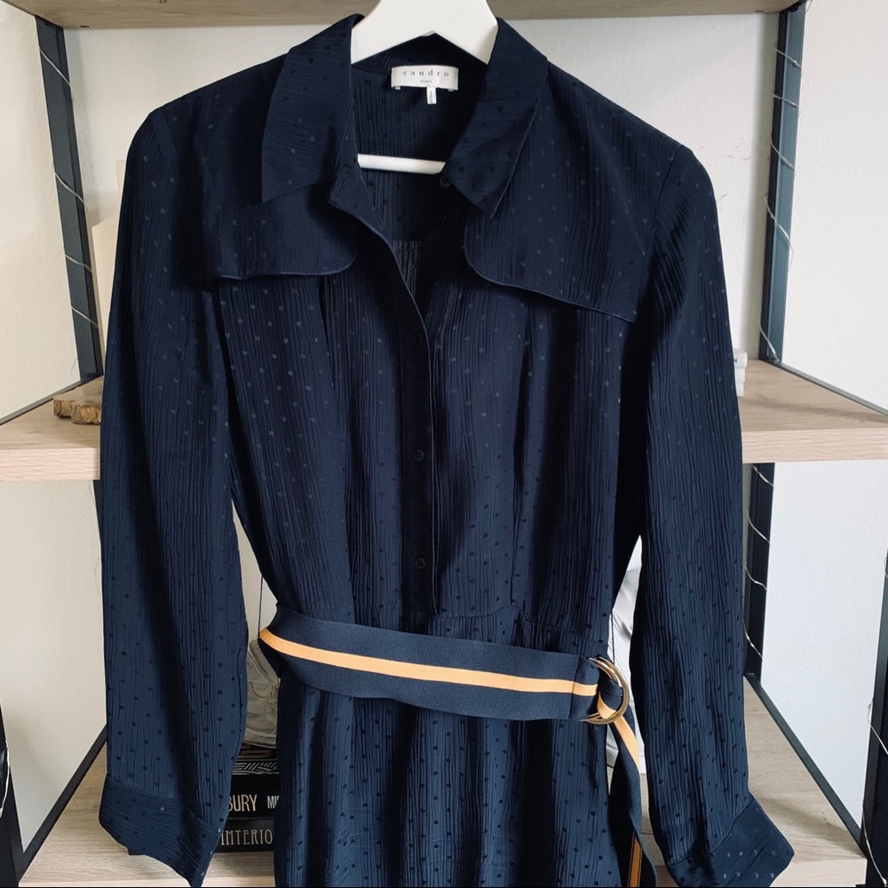 SOLD. Sandro Contrast Belt Woven Long Sleeve Dress - Picture 5 of 8